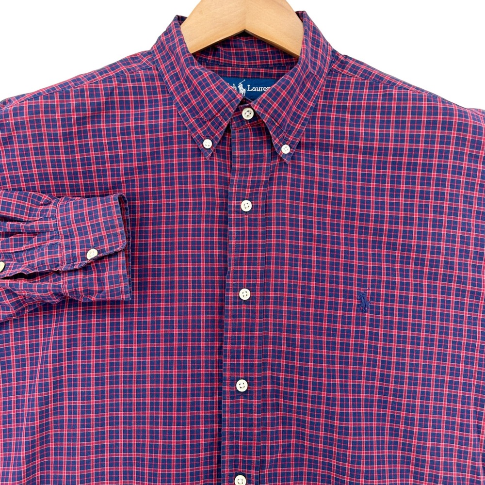 90s Polo Ralph Lauren Blake Shirt XL Red Navy Blue Tartan Plaid Button Down VTG